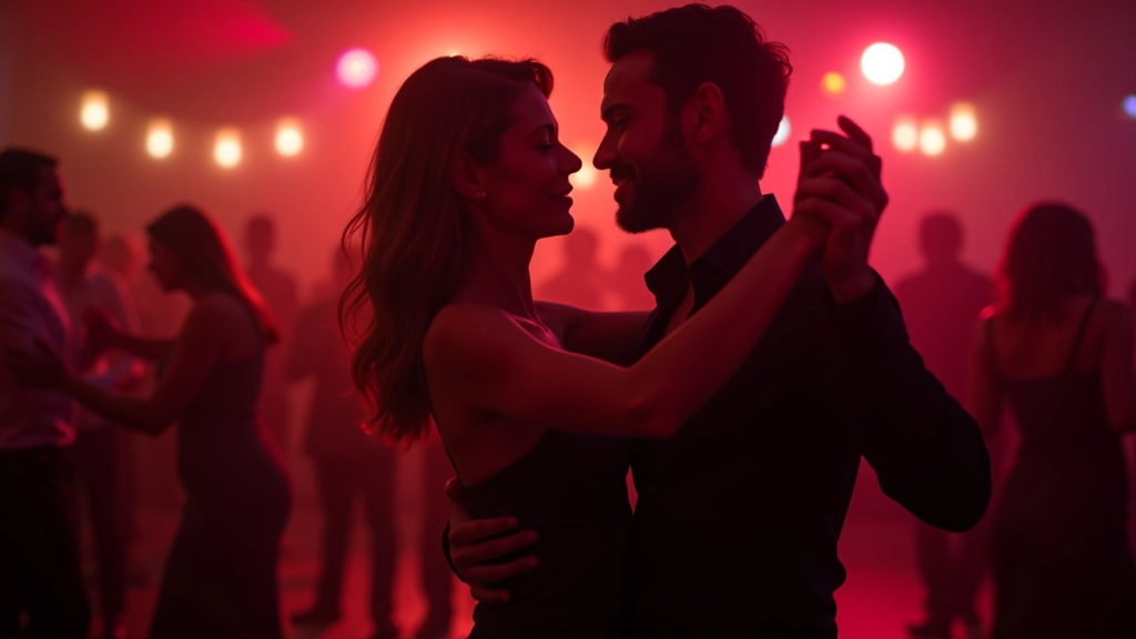 Pár tanečníků v salsa pózách na taneční parketu, večerní osvětlení, pozadí hudby
